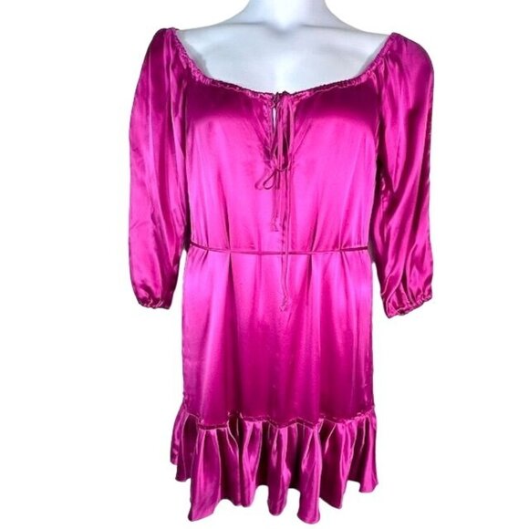 Hale Bob Fuschia Silk Mini Dress Cold-Shoulder Ruffle Hem & Tie Waist Size Small - Picture 3 of 9